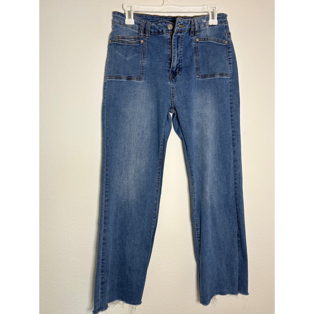 Kunmi Womens High Rise Straight Leg Jeans Medium Wash Raw Hem Size 12